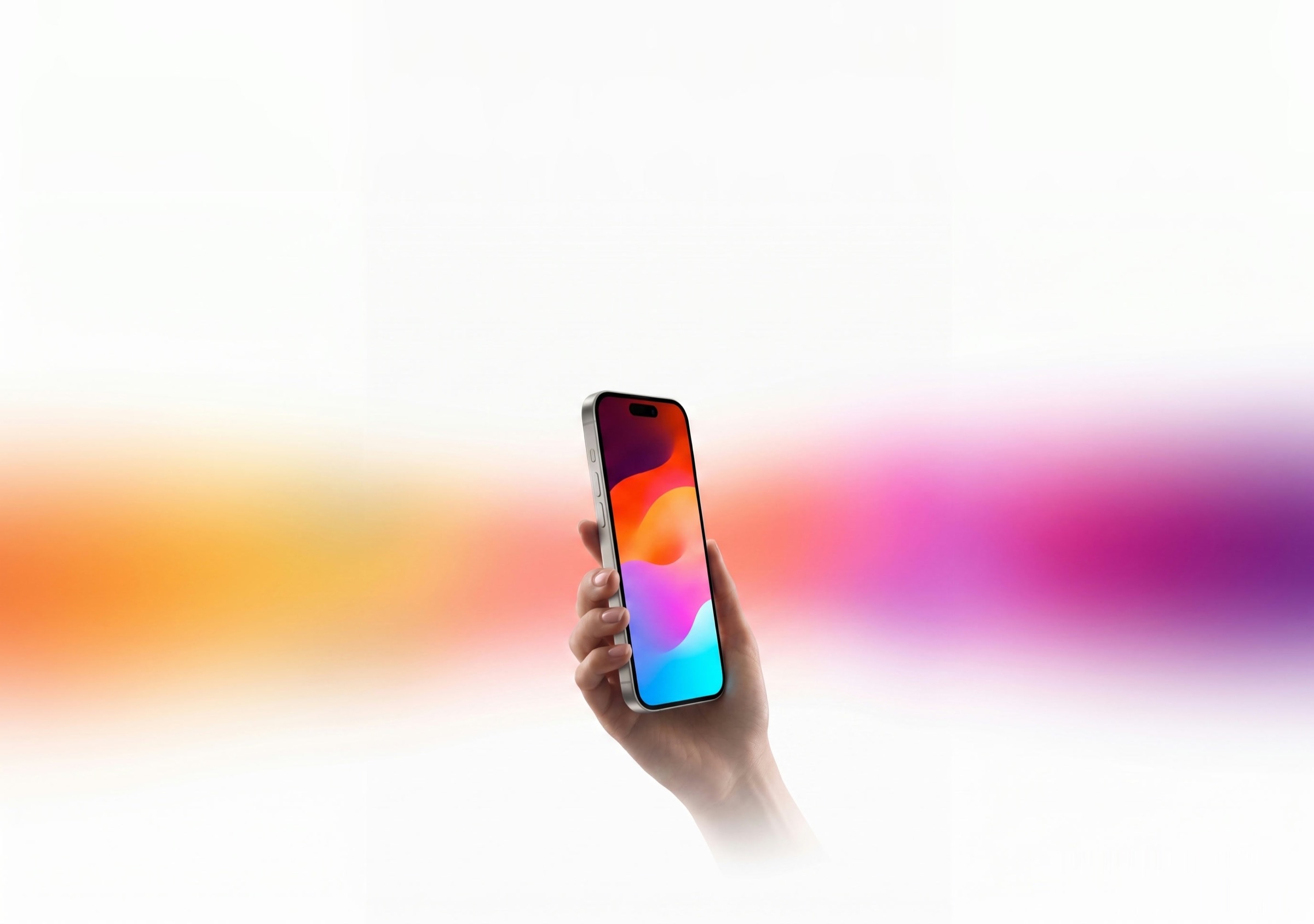 Hand holding a phone with a vivid gradient screen