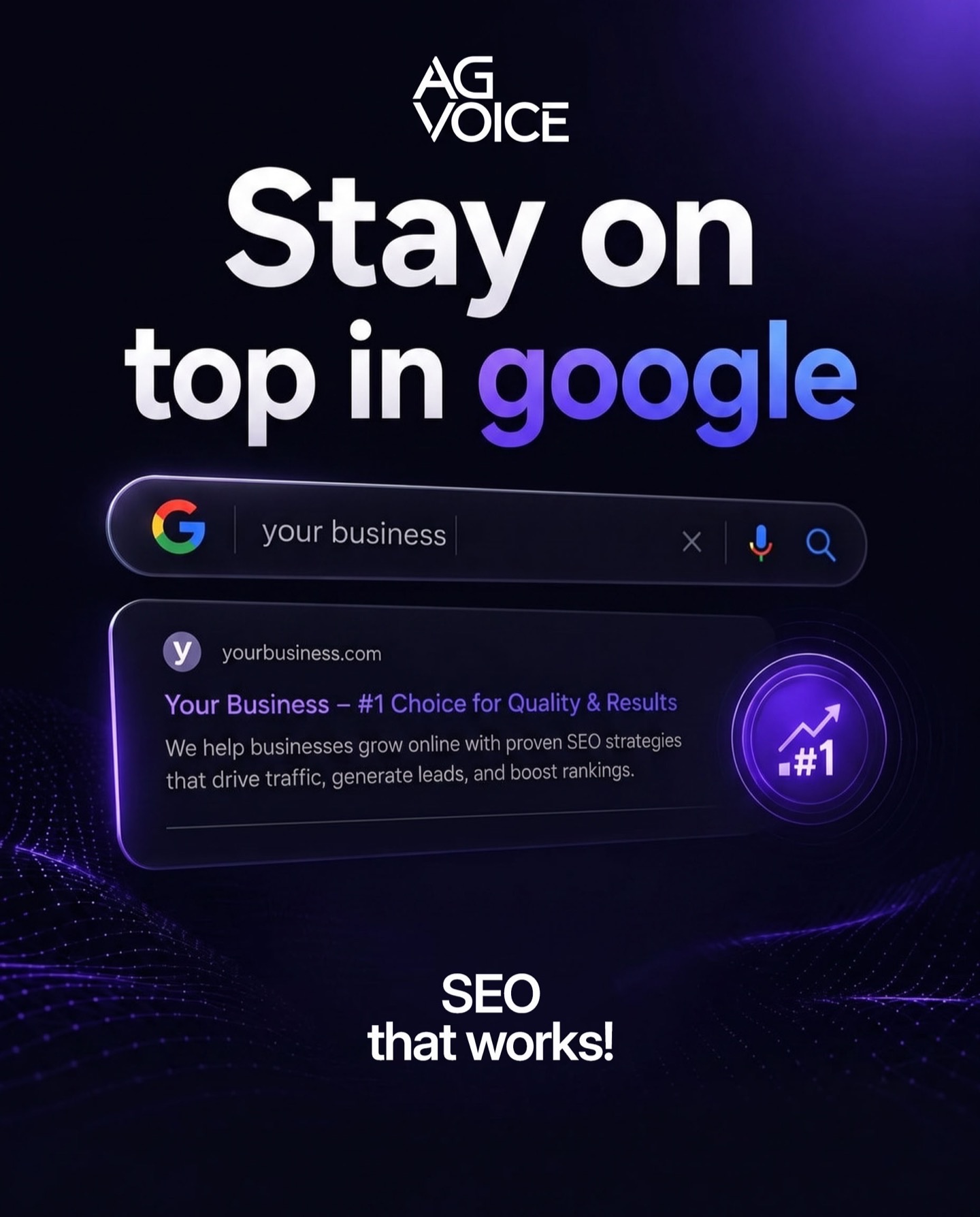 Typographic poster reading 'Rank. Stay. Grow.', SEO that keeps working