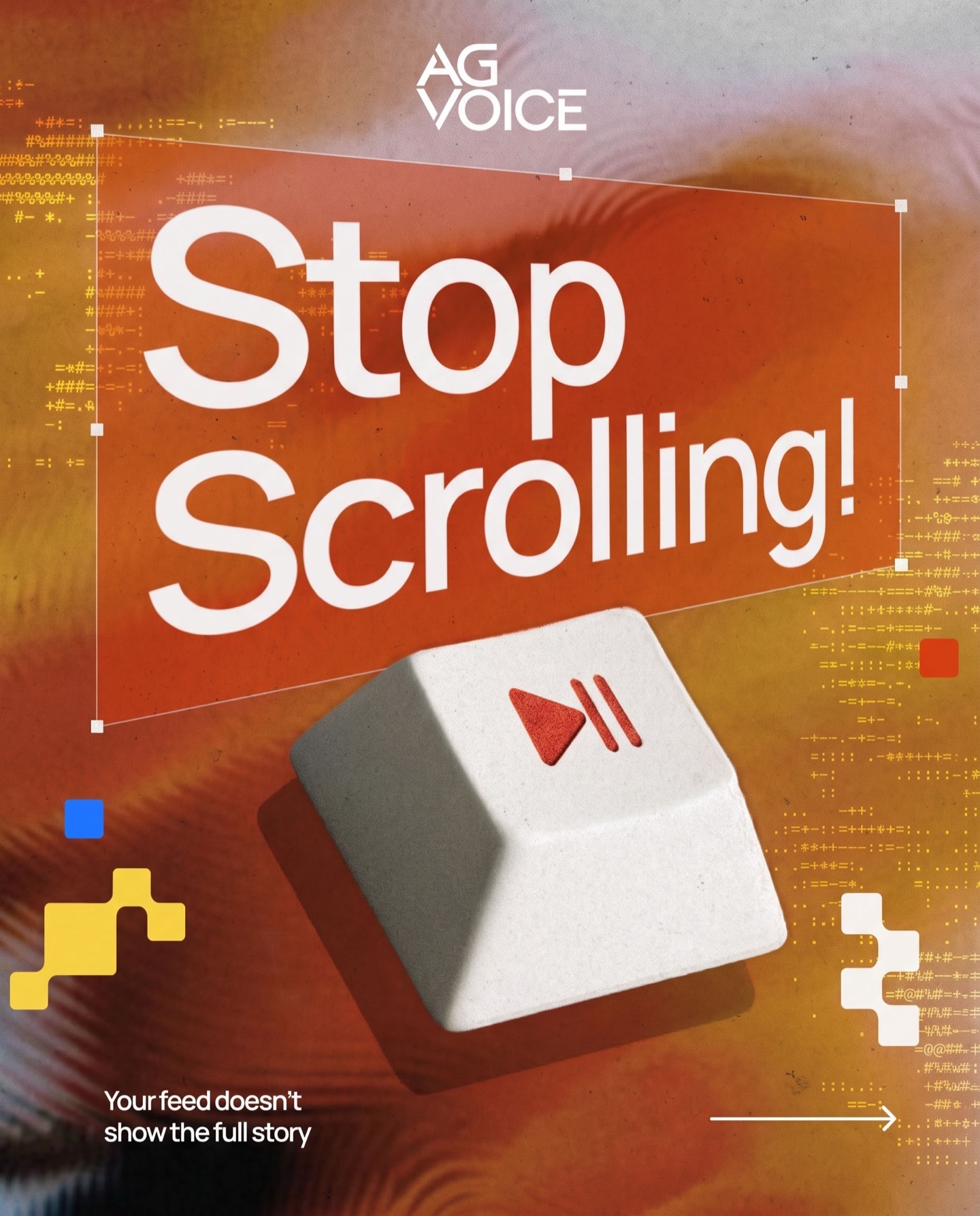 Typographic poster reading 'Scroll. Stop. Sell.', social that sells