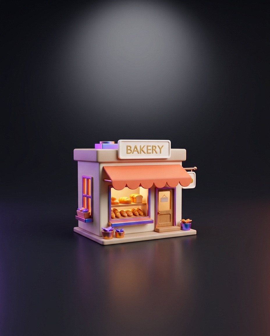 Miniature 3D bakery storefront with glowing bread display