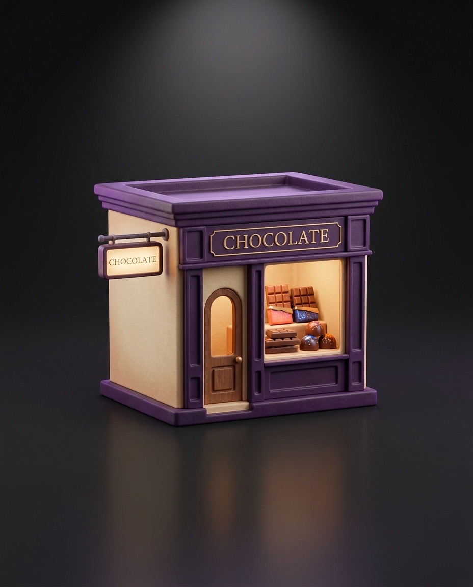 Miniature 3D chocolate shop storefront with praline display
