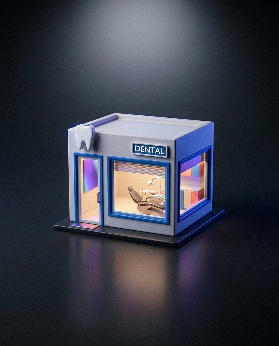 Miniature 3D dental clinic storefront with tooth-shaped sign