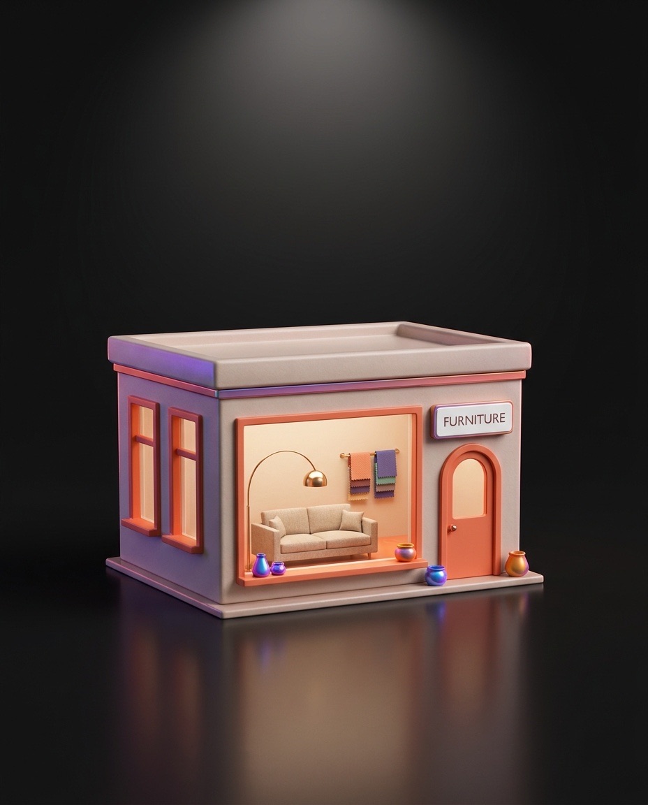 Miniature 3D furniture showroom storefront with tiny sofa