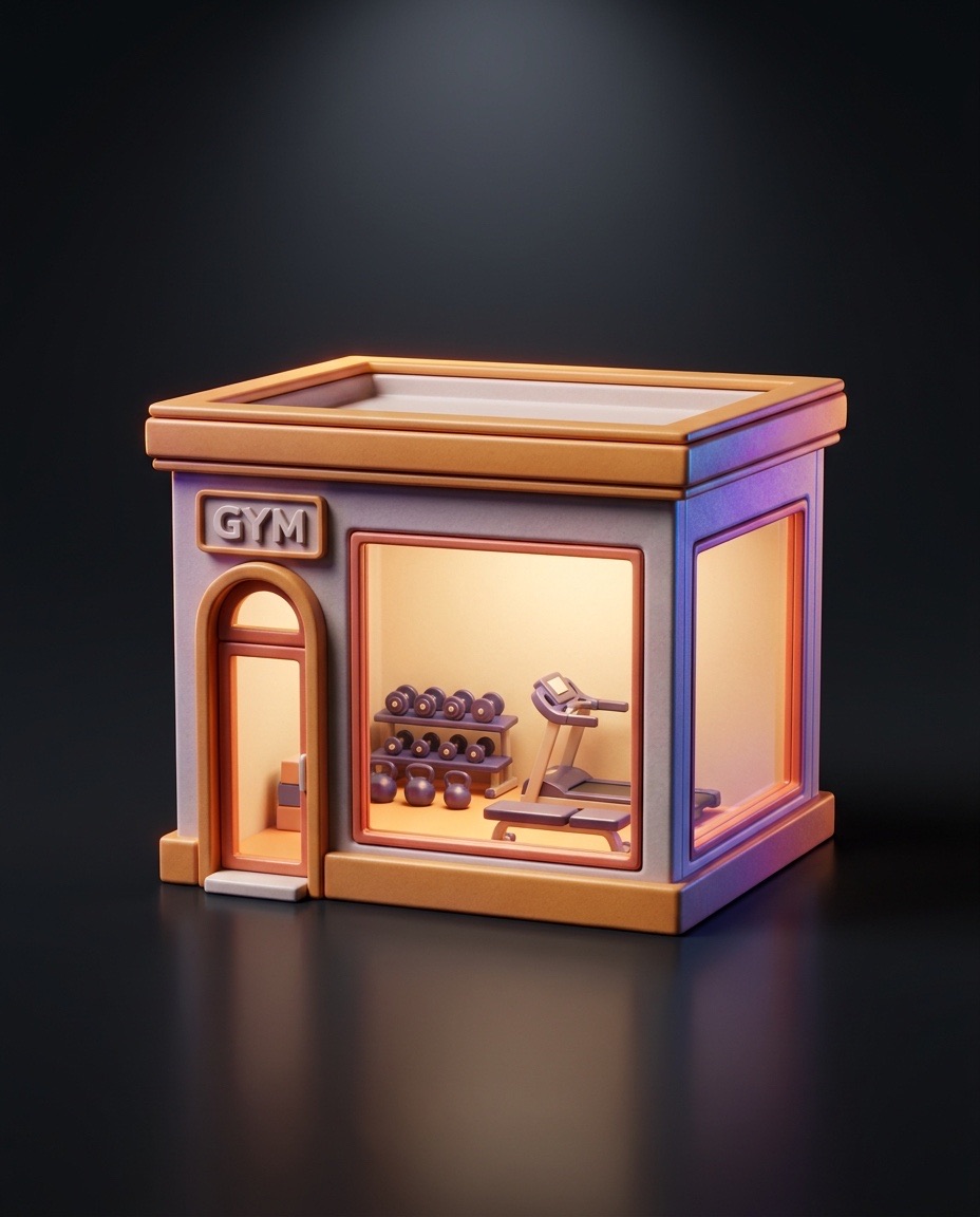 Miniature 3D gym storefront with tiny dumbbells in window