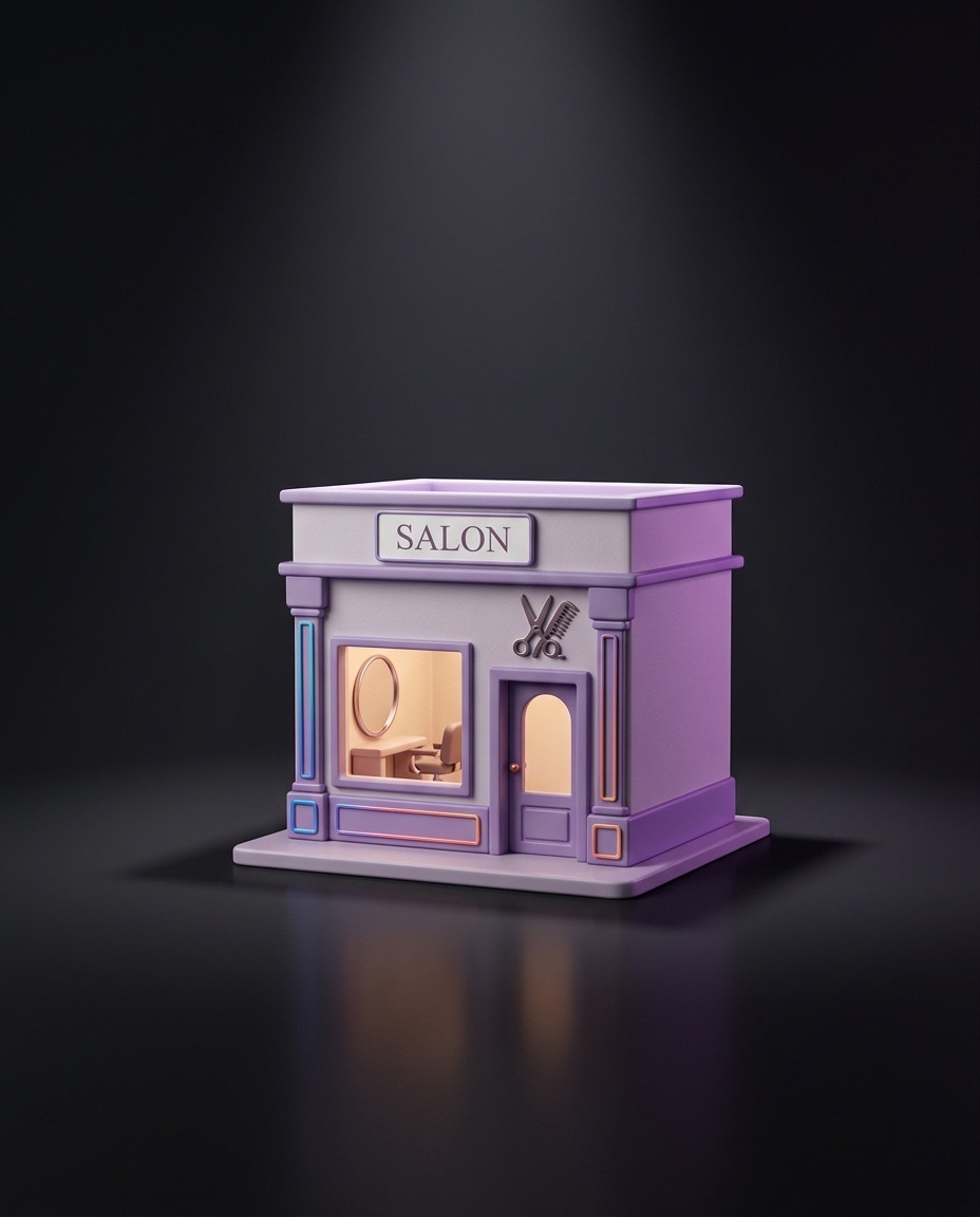 Miniature 3D hair salon storefront with styling chair in window